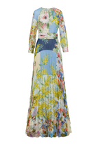 Patchwork Print Pleated Maxi Gown